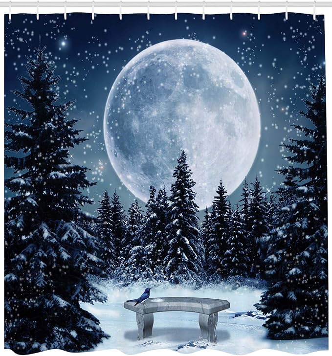 Ambesonne Winter Shower Curtain, Dreamy Cold Night a Big Full Moon and Bench Park Stars in The Darkness, Cloth Fabric Bathroom Decor Set with Hooks, 69" W x 70" L, White Blue