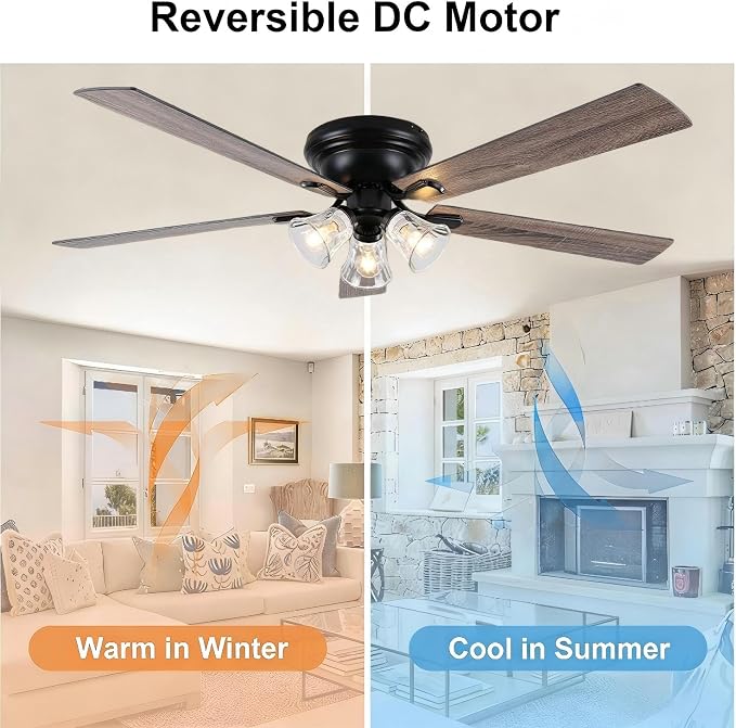 60" Vintage Ceiling Fan with Lights Remote, Flush Mount Fandelier | Farmhouse Ceiling Fan 3-Lights Rustic Chandelier for Living Room Bedroom, 3 E26 Bulb Bases Reversible Quiet DC Motor 6 Speeds