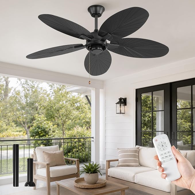 Fanbulous 52 Inch Ceiling Fan No Light, Remote & Pull Chain Tropical Fan With 6 Speeds, 3 Timers, DC Quiet Motor, 5 Palm Blade for Bedroom Living Room Covered Outdoor Patio Porch, Damp Rated, Black