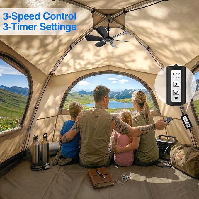 17.7" Inch Portable Ceiling Fan with Remote Control Timing 3 Speed,USB Plug In,5V DC Powered,6 Blades,Indoor/Outdoor RV Camping Tent Canopy,Gazebo,Beach,Hanging,Quiet,black