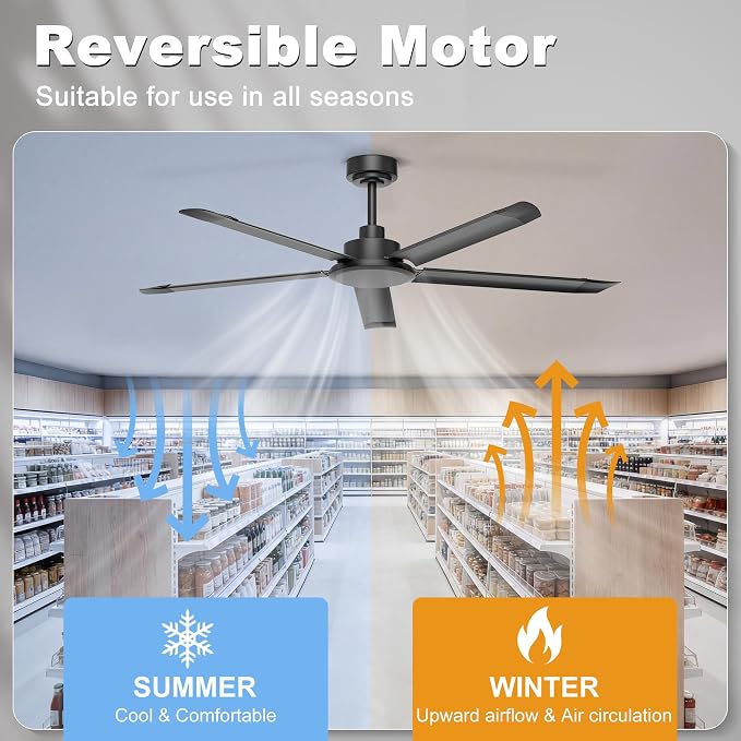 Ohniyou 60'' Ceiling Fan No Light, Black Industrial Ceiling Fan with Remote/APP, Aluminum Blades, 6800 CFM DC Motor for Outdoor Patios,Shop, Garage