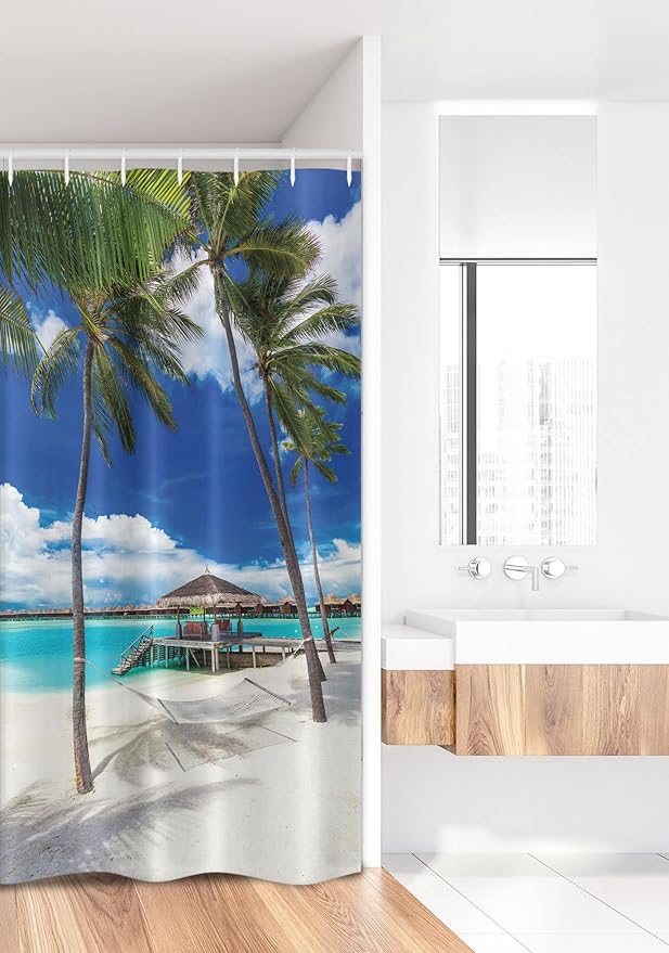 Ambesonne Beach Stall Shower Curtain, Empty Hammock Between Palm Trees Sand Vibrant Summer Sky Picture, Fabric Bathroom Decor Set with Hooks, 36" W x 72" L, Coconut Blue