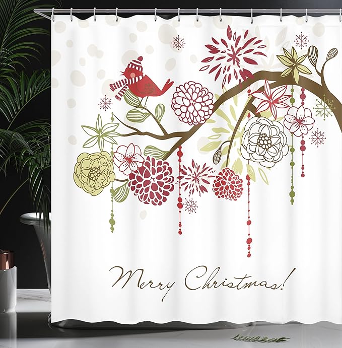 Ambesonne Christmas Shower Curtain, Floral Winter Red Bird Hat and Scarf on Blooming Tree Nature Inspired, Cloth Fabric Bathroom Decor Set with Hooks, 69" W x 84" L, Green White