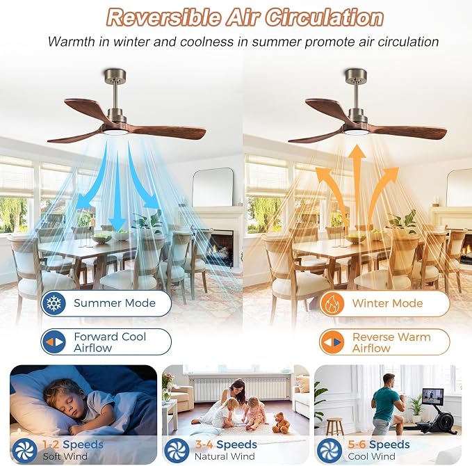 52inch silent ceiling fan with remote control, in antique bronze and walnut | 3CCT, mobile app, full memory function, for use in living rooms, dining rooms, bedrooms, offices, balconies, and outdoors.