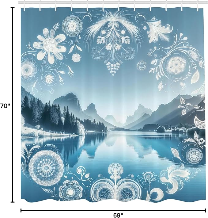 Ambesonne Lake Shower Curtain, Panoramic Nature View Mountains Woodland Folkloric Floral Wreath Ornaments, Cloth Fabric Bathroom Decor Set with Hooks, 69" W x 70" L, Slate Blue Sky Blue