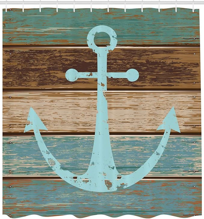 Ambesonne Anchor Shower Curtain, Timeworn Marine on Weathered Wooden Planks Rustic Nautical Theme, Cloth Fabric Bathroom Decor Set with Hooks, 69" W x 70" L, Teal Brown