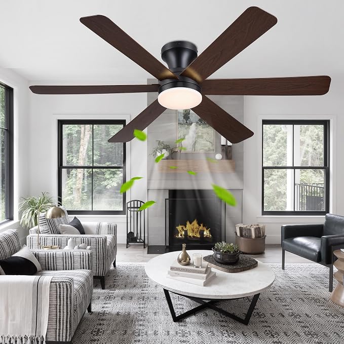 GJeg Ceiling Fans with Lights,46" Low Profile Ceiling Fan with Light and Remote Control,Flush Mount, Reversible, Dimmable, Noiseless, Brown Ceiling Fan for Bedroom