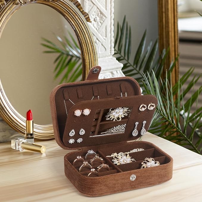 Hatori Travel Jewelry Box, PU Leather Small Jewelry Organizer for Women Girls, Double Layer Portable Mini Travel Case Display Storage Holder Boxes for Stud Earrings, Rings (Brown Mirror)