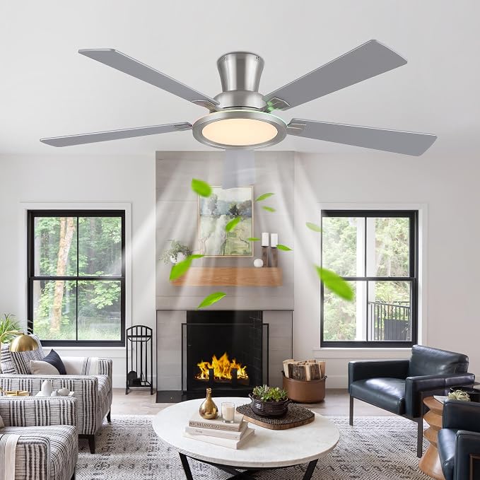 Ayaoty Ceiling Fans with Lights - 52in Flush Mount Ceiling Fan with RGB Dimmable, 3CCT 6 Wind Speeds and Reversible Quiet Motor, Low Profile RGB Fan Light for Modern Indoor, Party - Nickel