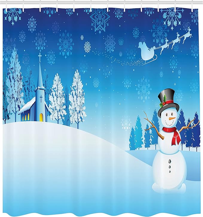 Ambesonne Christmas Shower Curtain, Snowman on The Christmas Eve Santa's Sleigh in The Starry Sky Fantasy Artwork, Cloth Fabric Bathroom Decor Set with Hooks, 69" W x 84" L, Blue White