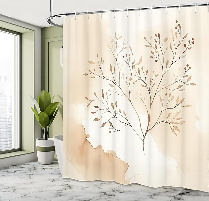 Ambesonne Tan Shower Curtain, Earthy Tones of Autumnal Melancholy Themed Leaves on Branches Aquarelle Dream, Cloth Fabric Bathroom Decor Set with Hooks, 69" W x 70" L, Champagne White Ecru