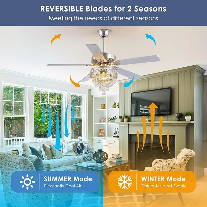 52" Silver Crystal Chandelier Ceiling Fans with Lights and Remote Control | Classical Design,6 Reversible Speeds,30W Quiet DC Motor,5 Wooden Blades,2*E12 LED Bulbs Included,for Living Room Bedroom
