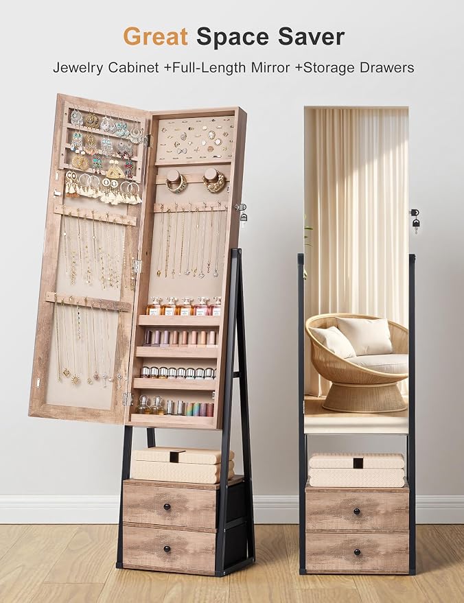 Nicetree Jewelry Cabinet Armoire with 2 Drawers, Standing Jewelry Mirror Cabinet, Full Length Mirror with Jewelry Storage, Lockable Jewelry Organizer with Mirror, Oak