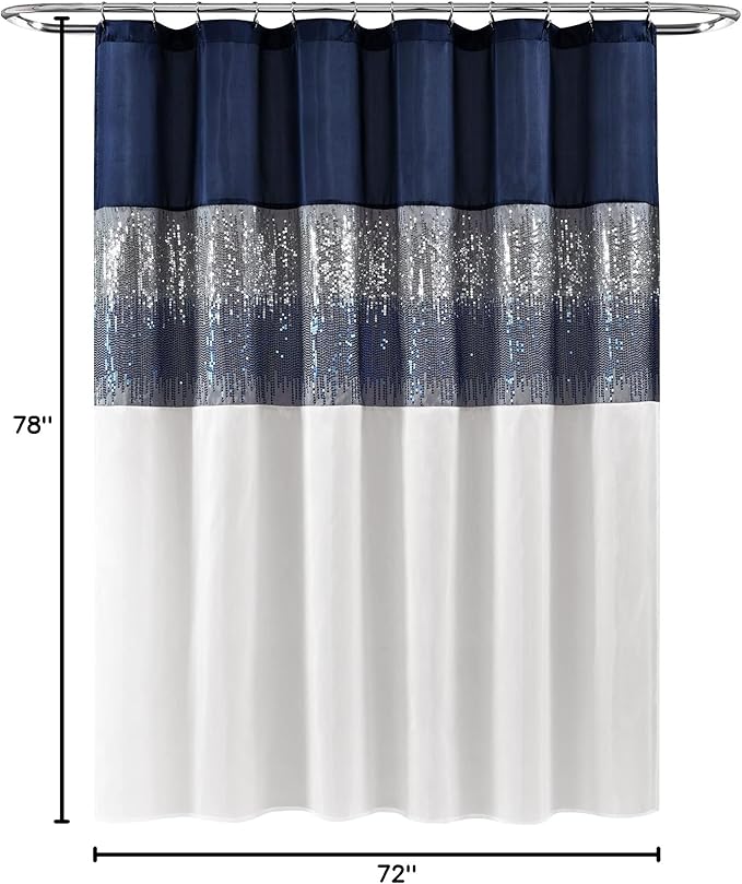 Lush Decor Night Sky Shower Curtain, Single, 72" W x 78" L, Navy & White - Sequin Shower Curtain - Sparkly Color Block Bath Curtain - Modern Glam Bathroom Decor - Extra Long Shower Curtain