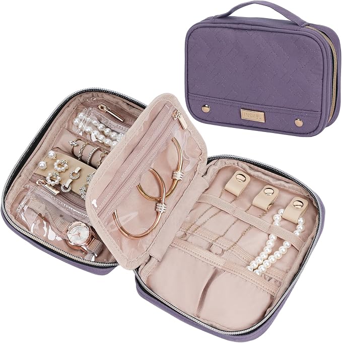 NISHEL Travel Jewelry Case Organizer, Tangle-Free Necklace Storage Bag | Stores rings, earrings, bracelets and watches in a compact case for travel, vacations and daily use, Purple, Small