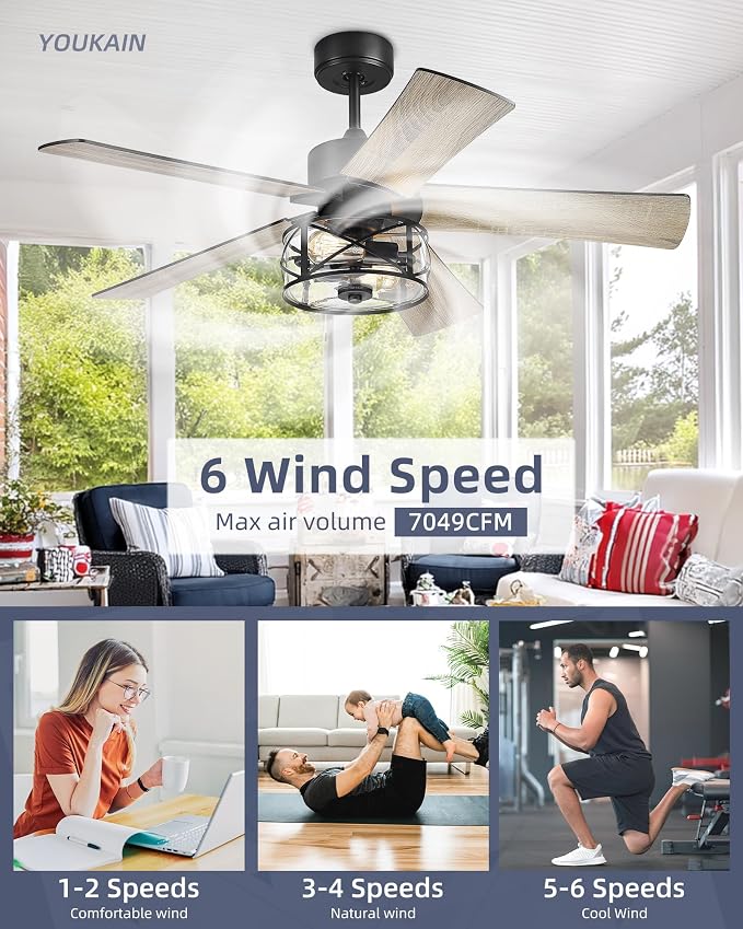 YOUKAIN 48 Inch Farmhouse Ceiling Fan with Light and Remote,Industrial Black Ceiling Fan with Glass Shade,5 Reversible Matte Black & Wood Blades,Quiet Indoor Ceiling Fan for Bedroom, 52-YJ632