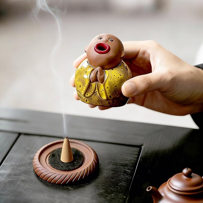 Ceramic Little Monk Incense Burner for Cones & Sticks, Cute Buddha Incense Holder with Mouth Smoke Effect, Zen Home Decor Meditation Gifts