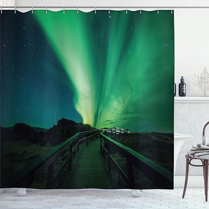 Ambesonne Aurora Borealis Shower Curtain, Wooden Bridge Solar Sky Scenic Radiant Rays Arctic Magic Scenery, Cloth Fabric Bathroom Decor Set with Hooks, 69" W x 75" L, Fern Green Dark Blue