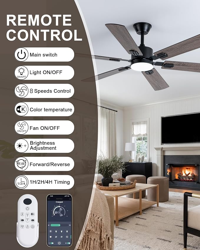Coolwind 56 Inch Brown Ceiling Fan, Display Remote&APP Control, 6 Blade Modern Silent Ceiling Fan with 8 Speeds, Dimmable, Timer, DC Reversible Motor, Double Sided Blade for Bedroom, Living Room