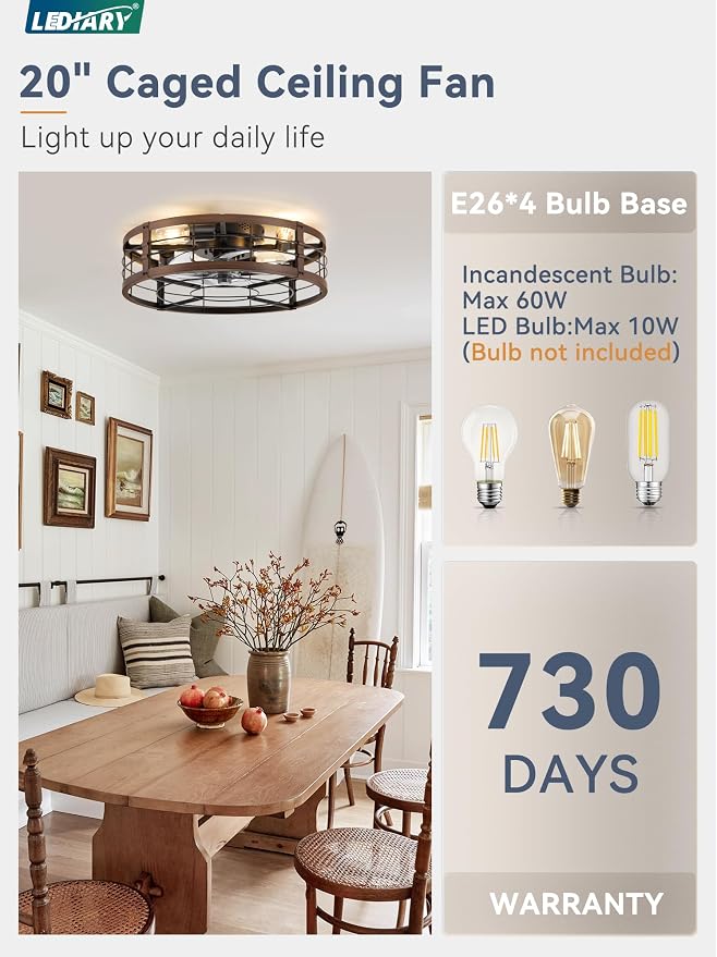 LEDIARY 20" Caged Ceiling Fan with Light and Remote, Low Profile Flush Mount Fandelier, Walnut Bladeless Enclosed Small Fan Lights Ceiling Fixtures, Rustic Farmhouse Style for Bedroom, Outdoor