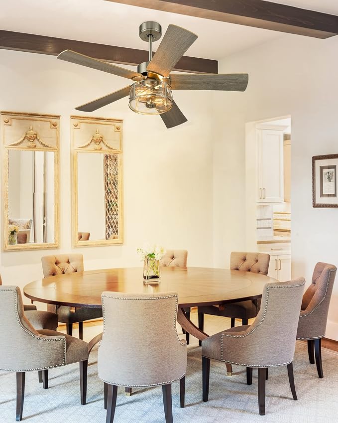 YOUKAIN Farmhouse Ceiling Fans, 48 Inch Industrial Ceiling Fan with Light and Remote Control, Clear Glass, 5-Reversible Blades with Gray Oak/Burlywood Finish, 52-YJ632-BN