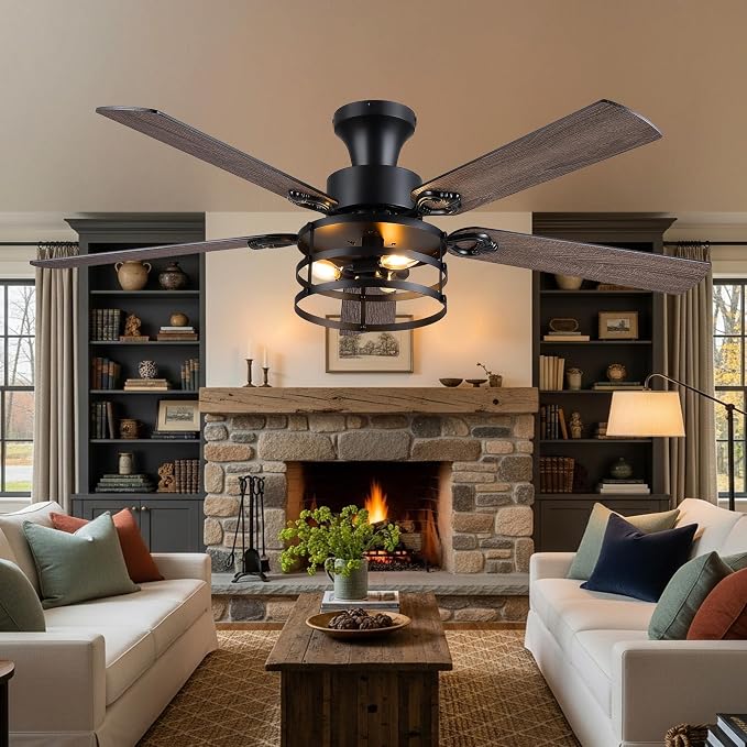 JSAITEE 52" Farmhouse Flush Mount Ceiling Fans with Lights, No Bulbs | Cage Fan Light with Dual-Sided Blades, 6 Speeds Reversible DC Motor, Rustic Low Profile Light for Bedroom, Living Room