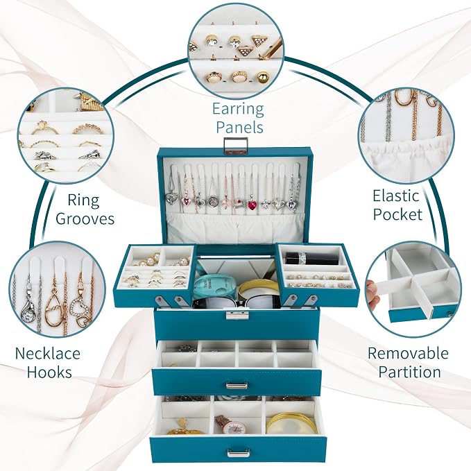 Dajasan Jewelry Organizer Box, Large Jewelry Boxes for Girls, Space-Saving 4 Layers Jewelry Storage Case with Drawer, Gift for Women, PU Leather, Movable Metal Stand, Modern (Blue)