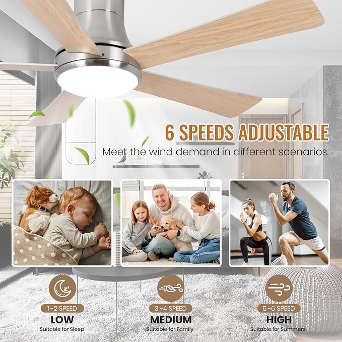 52 Inch Outdoor Ceiling Fans with Lights and Remote, Brushed Nickel Flush Mount Ceiling Fan, 5 Reversible Blades, Dimmable LED, 3-Color Temperatures, 6 Speeds, for Bedroom, Living Room, Patio