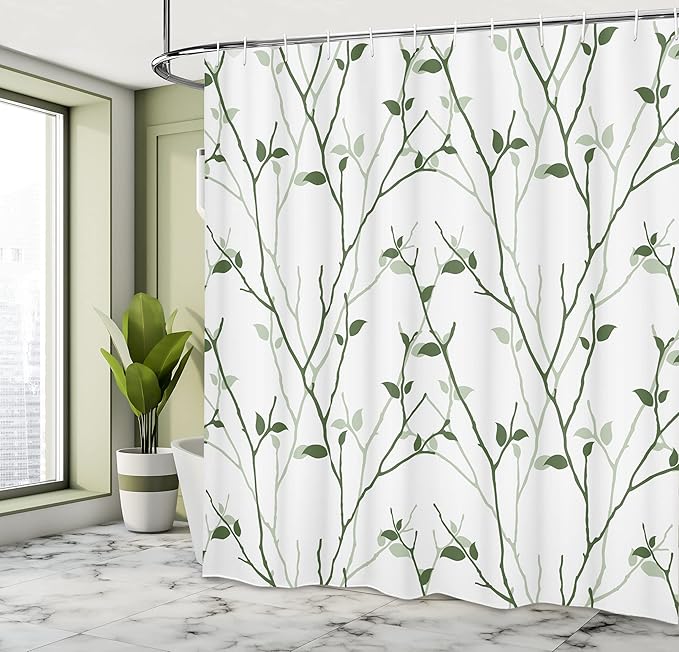 Ambesonne Leaf Shower Curtain, Branches in The Fall Trees Stem Twig Last Few Leafage Minimalistic Design Art, Cloth Fabric Bathroom Decor Set with Hooks, 69" W x 75" L, Reseda Green