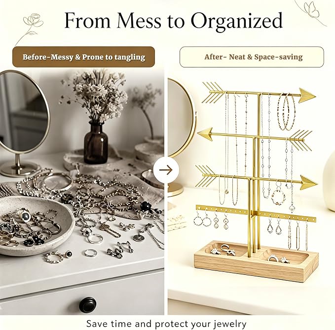 Urban Deco Arrow Jewelry Organizer Stand 4-Tier Gold Jewelry Stand Necklace Organizer With Wooden Ring Holder For Jewelry Display Bracelet Holder Stand Earring Organizer For Girls - Gold