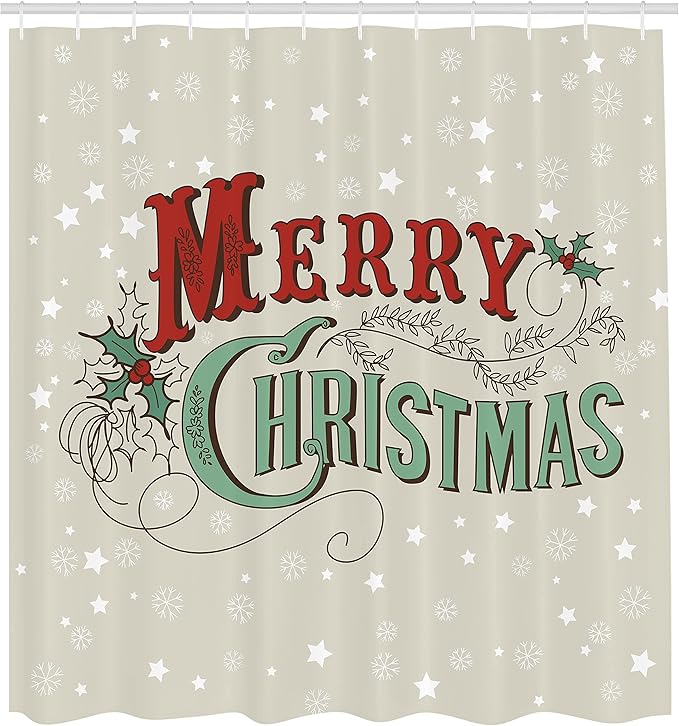 Ambesonne Christmas Shower Curtain, Xmas Stars and Snowflakes Backdrop with Stylized Retro Lettering, Fabric Bathroom Decor Set with Hooks, 69" W x 70" L, Eggshell Sea Green Ruby