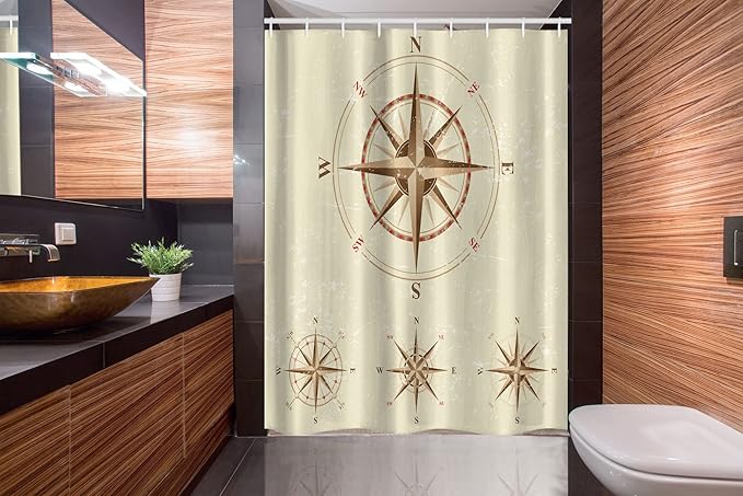 Ambesonne Compass Stall Shower Curtain, 4 Different Compasses in Retro Colors Discovery Equipment Where Nautical Marine, Fabric Bathroom Decor Set with Hooks, 54" W x 78" L, Beige Tan