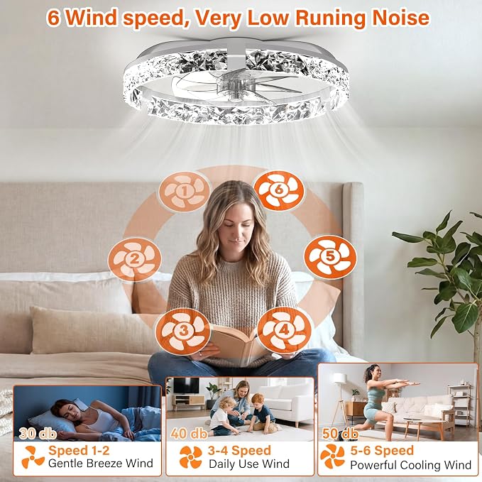Ceiling Fans with Lights and Remote,20''Low Profile Ceiling Fan,3000-6000K Dimmable Modern Flush Mount LED Fan Light,6 Wind Speeds for Bedroom (White, 20-inch Foldable Diamond)