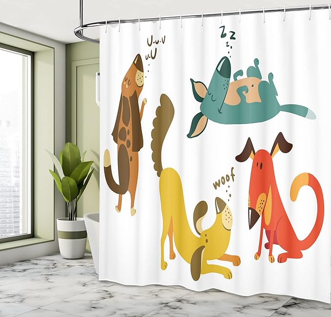 Ambesonne Dog Lover Shower Curtain, Dogs Playful Friendship Paw Sitting Sleeping Smiling Standing Humor Fun Art, Cloth Fabric Bathroom Decor Set with Hooks, 69" W x 75" L, White Teal