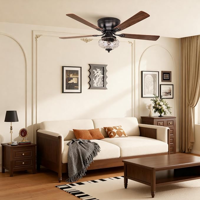 Farmhouse Flush Mount Ceiling Fans with Lights and Remote, 52 Inch 6-Speed Reversible Motor Quiet Ceiling Fan, Low Profile Ceiling Fan with Lights for Living Room Bedroom, Timer