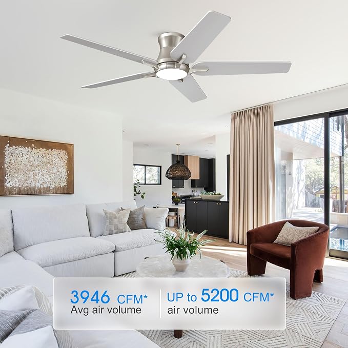POCHFAN 52 Inch Ceiling Fans with Lights and Remote, Brushed Nickel Flush Mount Low Profile Ceiling Fan for Bedroom, Living Room, Patio, Dimmable 6 Speeds Noiseless, ETL Listed