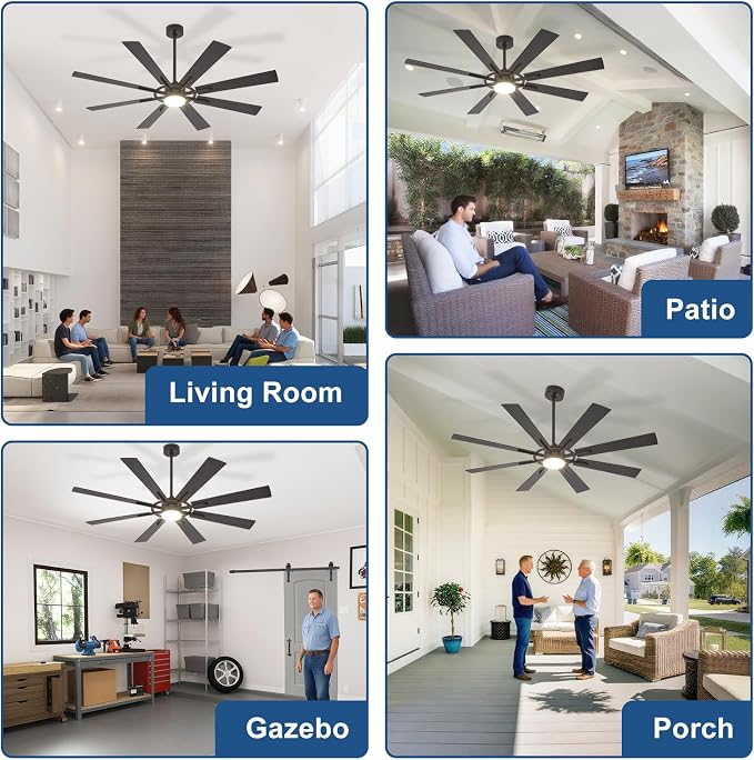 Large Ceiling Fans with Lights: Modern 66 Inch 8 Blade Outdoor Ceiling Fan with Remote APP Control - Dimmable Black Big Fan Light Indoor Reversible 6 Speed Quiet DC Motor