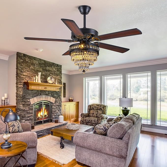 50"Black Crystal Chandelier Ceiling Fans with Lights and Remote Control | Classical Design,6 Reversible Speeds,30W Quiet DC Motor,5 Wooden Blades,2*E12 LED Bulbs Included,for Living Room Bedroom