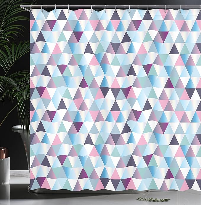 Ambesonne Geometric Shower Curtain, Mosaic Look Shapes and Triangles in Modern Colors Abstract Look Pattern Contemporary Fashion, Cloth Fabric Bathroom Decor Set with Hooks, 69" W x 70" L, Pink Blue