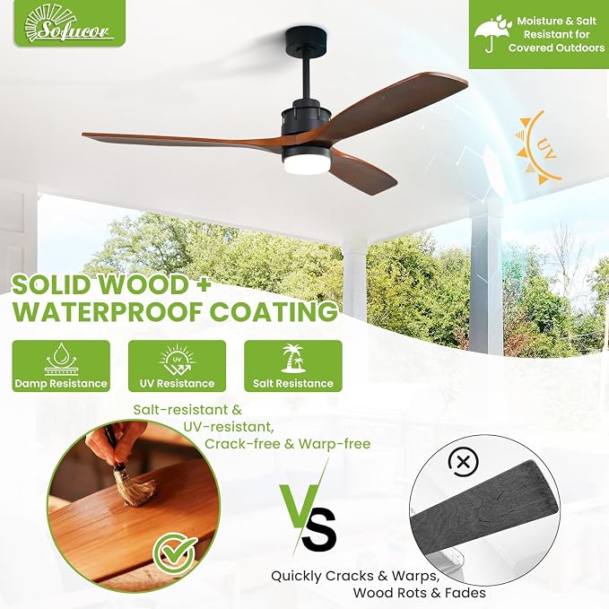 Sofucor 60 Inch Ceiling Fan with Light and Remote - 3 Solid Wood Blades, Quiet DC Motor, 6 Speeds 7000CFM, Dimmable 3-Color LED with Memory, Timer & Reversible for Living Room, ETL, Walnut Wood