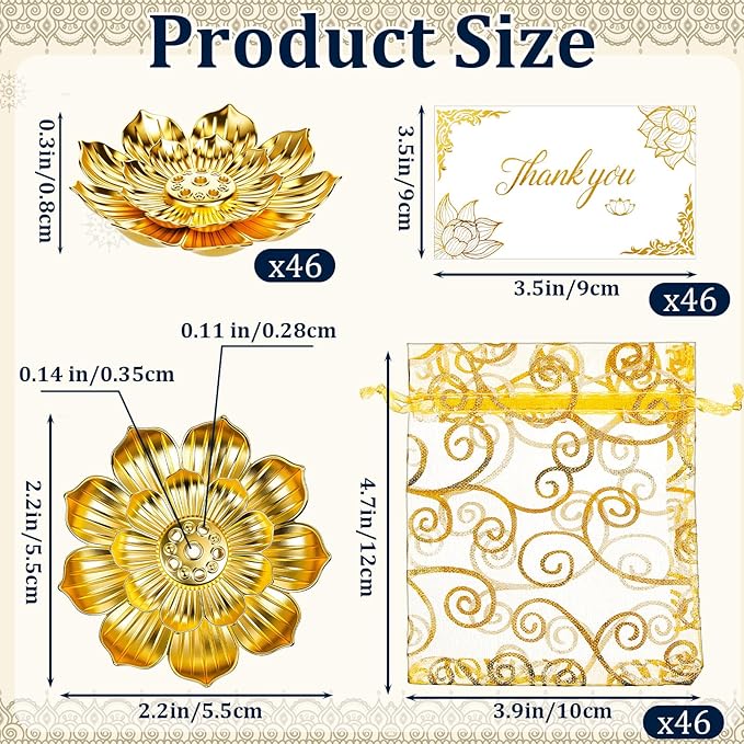 Amyhill 138 Pack Diwali Gifts Bulk, Lotus Incense Burner, Indian Return Gifts for Pooja Bulk, Stick Holder, Gold Double Layer Design with Organza Bags & Thank You Cards, Indian Return Gift (Golden)