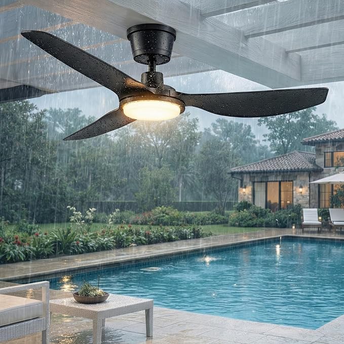 Newday 52 Inch IP66 Waterproof Outdoor Ceiling Fan with Lights, Heavy Duty Weatherproof Gazebo Fan with Remote, 3CCT Dimmable LED, 9000CFM Quiet DC Motor for Patio, Porch, Pergola, Black