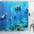 Ambesonne Ocean Shower Curtain, Scuba Diver in Ocean with Stones Rocks Fish Moss and Bubbles Art Photo, Cloth Fabric Bathroom Decor Set with Hooks, 69" W x 70" L, Sky Blue