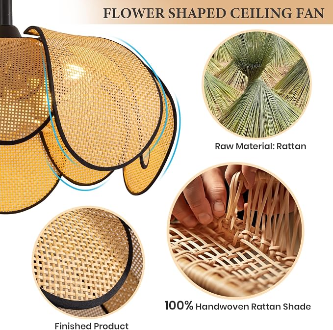Rattan Fandelier Ceiling Fans with Lights,Boho Black Chandelier Ceiling Fan with Light Remote Flush Mount Chandelier Ceiling Fan with 6 Speeds Fandelier for Bedroom Living Room Kitchen 26inch