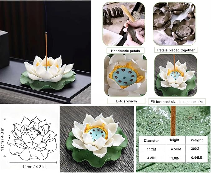 Lotus Incense Holder for Mosquitos - White Ceramic Bloom with Leaf Tray, Aromatherapy Decor, Meditation Gift Set, Zen Home Office Desk Altar Decor (Handmade, Ash Catcher, Unique Holiday Present)