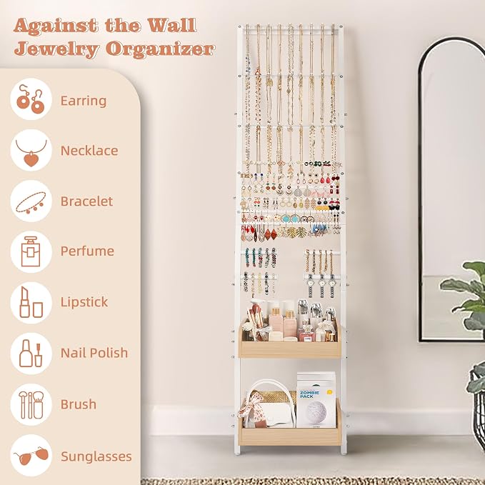 Jewelry Holder Organizer, Large Jewelry Organizer Wall with Earring Organizer Necklace Holder Bracelet Holder, Jewelry Organizer Stand Jewelry Display for Earrings Rings Necklaces Bracelet Watch White