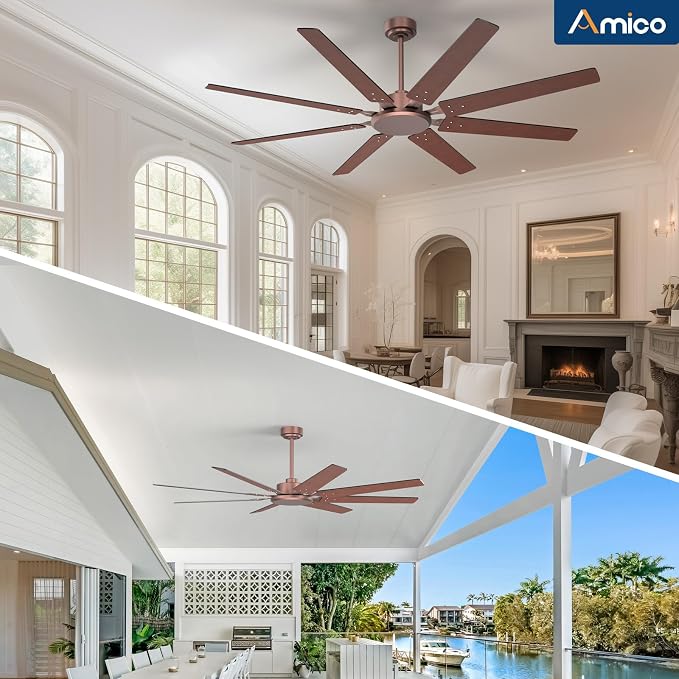 Amico 72 Inch Outdoor Ceiling Fan No Light with Remote, Large Brown Ceiling Fan Without Light, Quiet Reversible DC Motor, 6 Speeds, Timer, 8 Blades for Living Room, Covered Patio, Porch, Garage