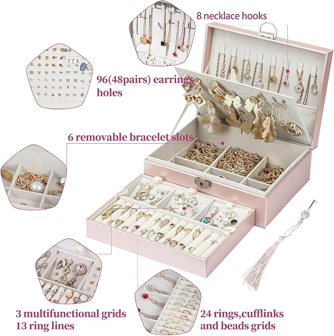 BOOVO Large Jewelry Boxes For Women (Rose Gold, 4 layer) | 4 Layers Jewelry Organizer Box With Cosmetic Storage Drawer, Necklace Ring Jewelry Organizer Box