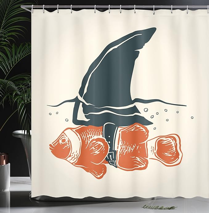 Ambesonne Shark Shower Curtain, Pop Art Clown Fish with Shark Fin Camouflage Cheat Humor Strategy Beware Theme, Cloth Fabric Bathroom Decor Set with Hooks, 69" W x 70" L, Orange Green