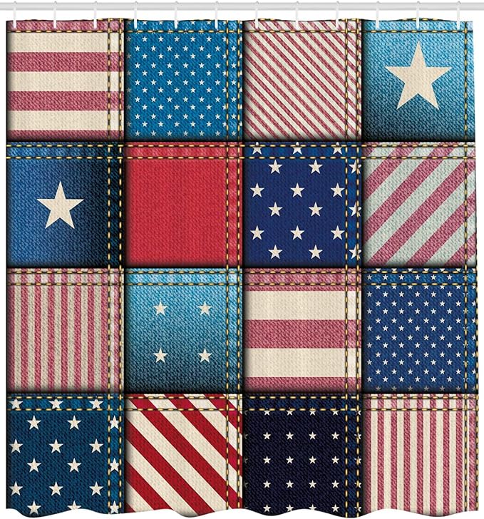 Ambesonne United States Shower Curtain, American Flag Patchwork with Vertical and Horizontal Stripe and Star Forms, Cloth Fabric Bathroom Decor Set with Hooks, 69" W x 70" L, Aqua Red